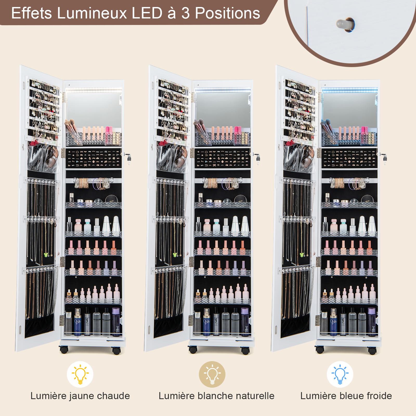GOPLUS Armoire à Bijoux avec Miroir, Organisateur de Bijoux avec Lumières LED 3 Couleurs, Serrure, Miroir de Courtoisie Intégré, Anti-Basculement, 4 en 1 Armoire à Bijoux sur Pied avec Roues (Blanc)
