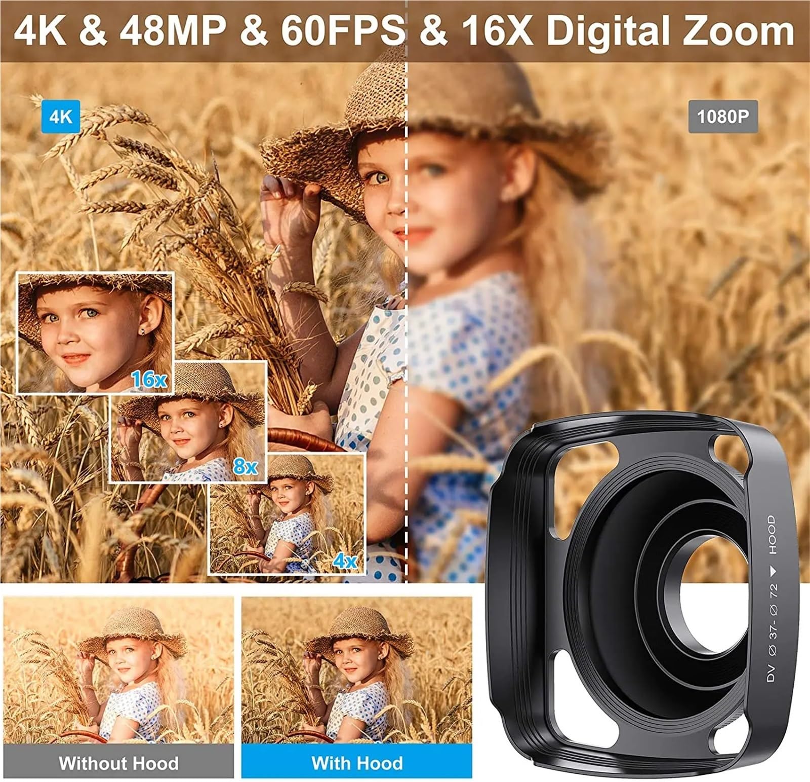 Videocamera 4K da 48 MP, videocamera con zoom 16X 3,0" fono Vlogging Touch Screen Visione notturna IR Telecamere Vlog Wi-Fi Web Leggero(Noir)