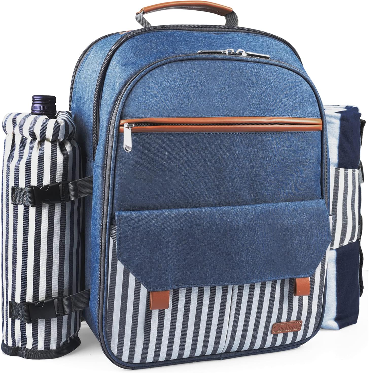 Sunflora Insulated Picnic Backpack for 2 Person Bag with Cooler Compartment, Blanket and Stainless Steel Cutlery Set for Couple, Lovers and Friends (Blue & Stripe) : Patio, Lawn & Garden
