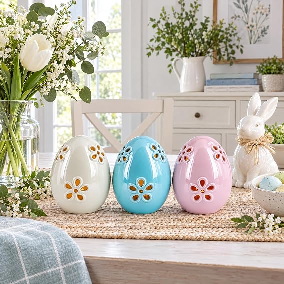 BestPysanky Set of 3 Pearlized Ceramic Easter Egg Lanterns