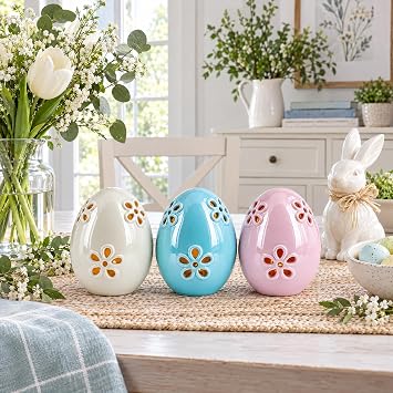 BestPysanky Set of 3 Pearlized Ceramic Easter Egg Lanterns