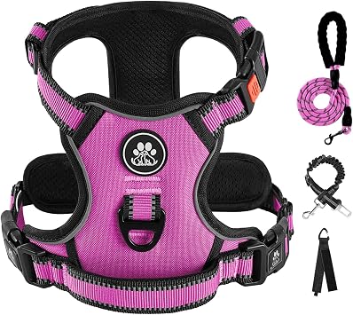 IVY&LANE No Pull Dog Harness for Medium Dogs,Dog Vest Harness with Leash,Safety Belt and Storage Strap, Fully Adjustable Harness,360 Reflective Strip,Soft Handle Fuchsia Pink,M