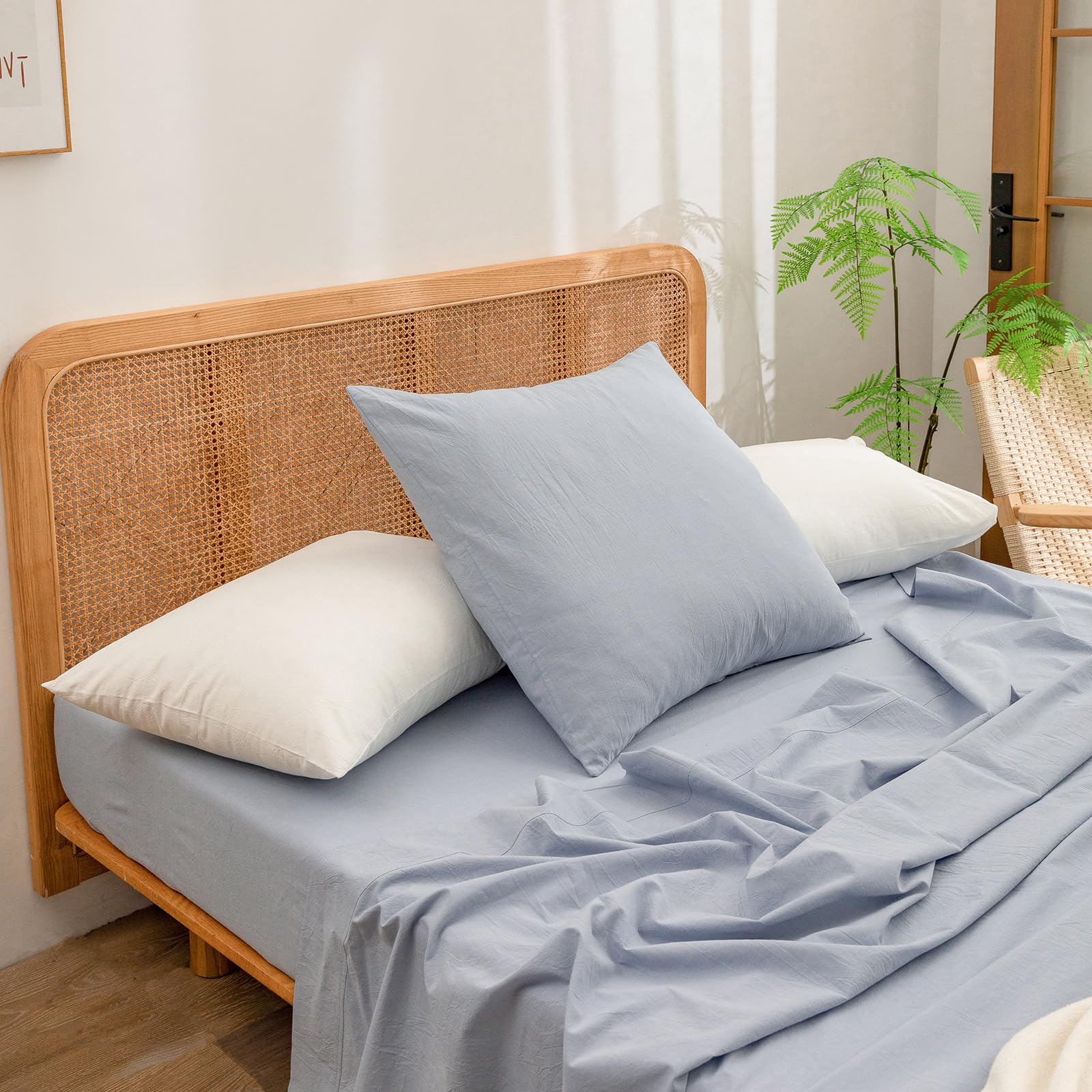 BESTOUCH Washed Cotton Pillowcases Linen Feel, Cornflower Blue Euro
