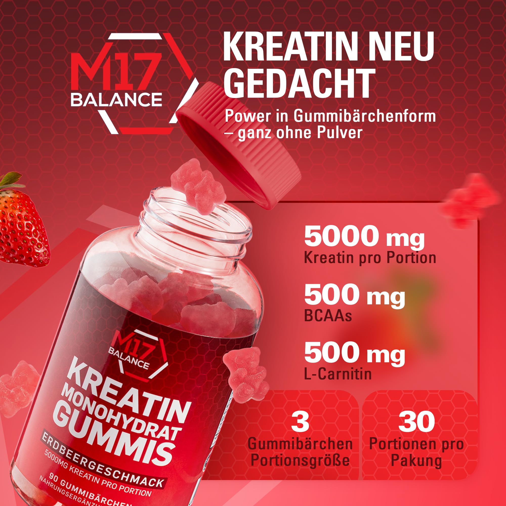 Creatin Monohydrat Gummibärchen - 5000 mg Kreatin mit BCAAs & L-Carnitin pro Dosis - Für Muskelaufbau - Zuckerfrei, Anti-Schmelz-Formel, Vegan, Glutenfrei - 30 Portionen (90 Stück, Erdbeere)
