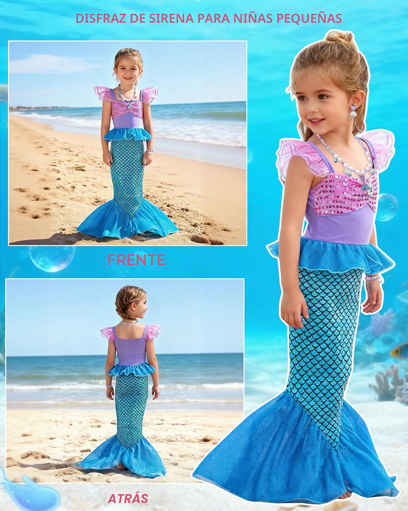 Disfraz de princesa sirena para niñas, vestido con purpurina con accesorios de 3 a 10 años, para Navidad, cumpleaños, día mundial del libro, cosplay