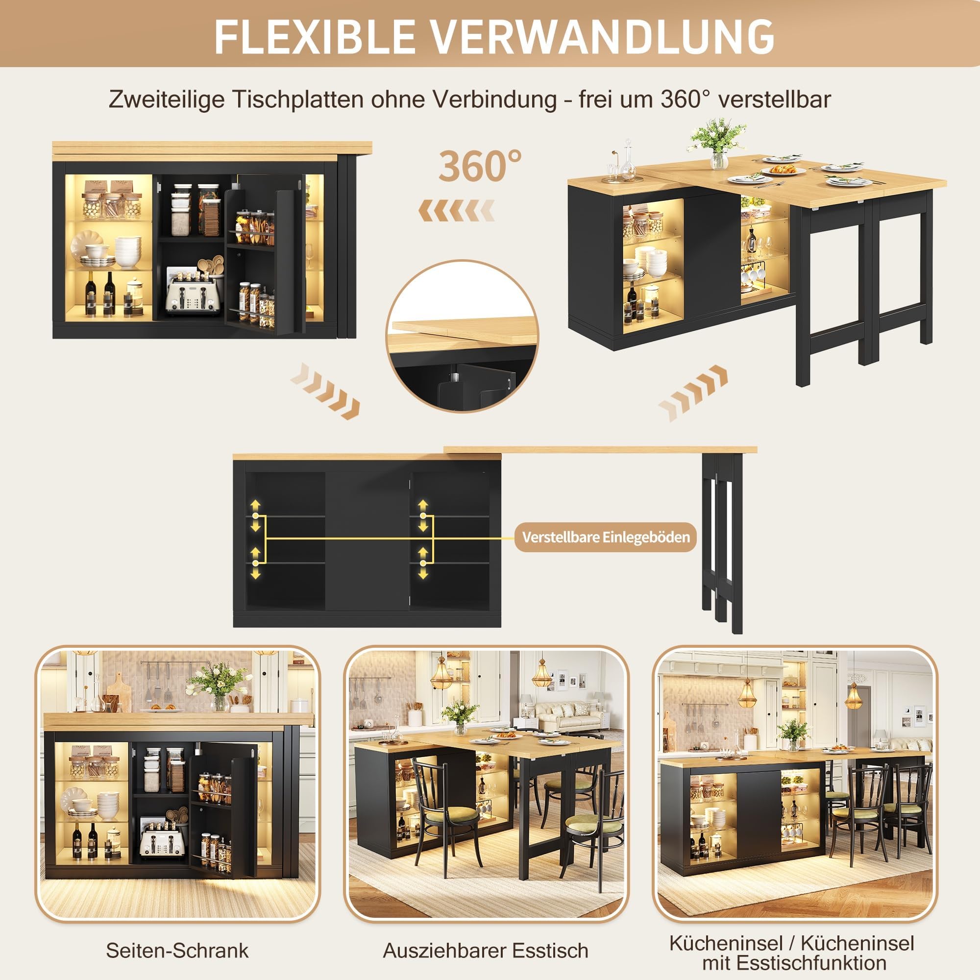 Ausziehbarer Kücheninsel-Esstisch mit App-steuerbarer LED, 120-197cm, 360° drehbar, mit magnetischen Türen & Glas-Einlegeböden, Schwarz, belastbar bis 60kg