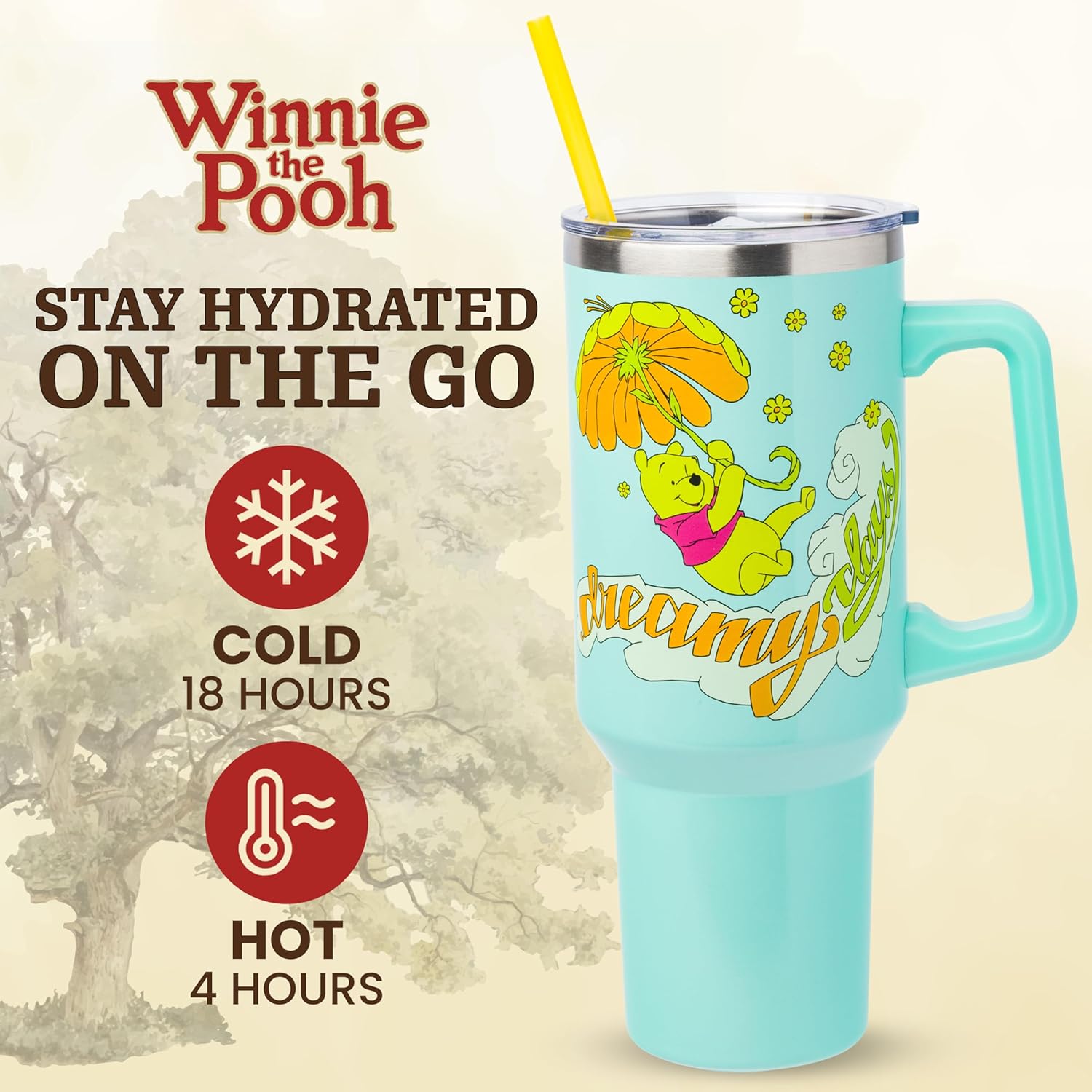 Silver Buffalo Disney Winnie the Pooh “Dreamy Days” Retro Art Double Walled Stainless Steel Tumbler with Handle and Straw, Fits in Standard Cup Holder, 40 Ounces - Image 2