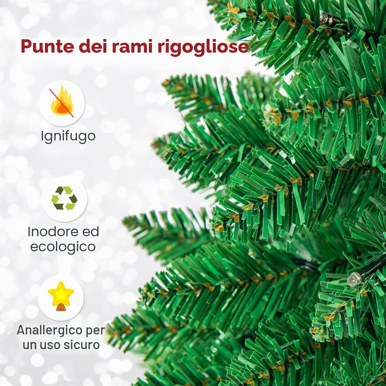 KOMFOTTEU Albero di Natale Artificiale 135/200/225 cm, Albero di Natale con Luci LED Incorporate e Supporto in Metallo, Christmas Tree con Rami in PVC, per Casa, Negozio, Ufficio, Feste (S)