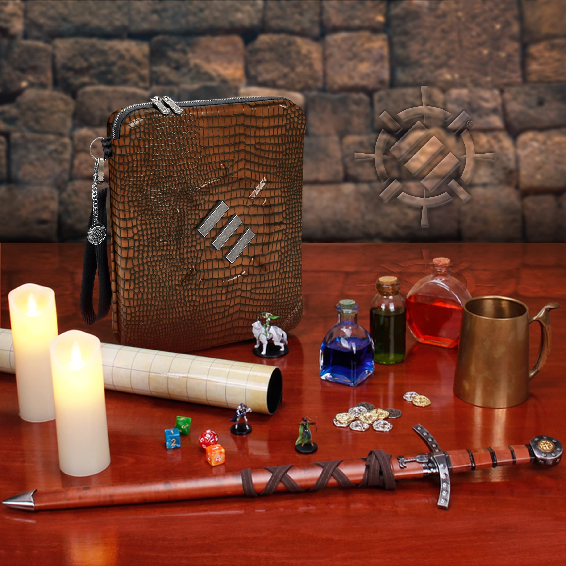 Enhance RPG-Organizer-Tasche – DND-Ordner mit integriertem Zeichenblatthalter und löschbarem Anreißfeld, Würfelrollbereich, Abnehmbarer Stifttasche, Miniatur-Schaumstoffablage, Handgelenkschlaufe