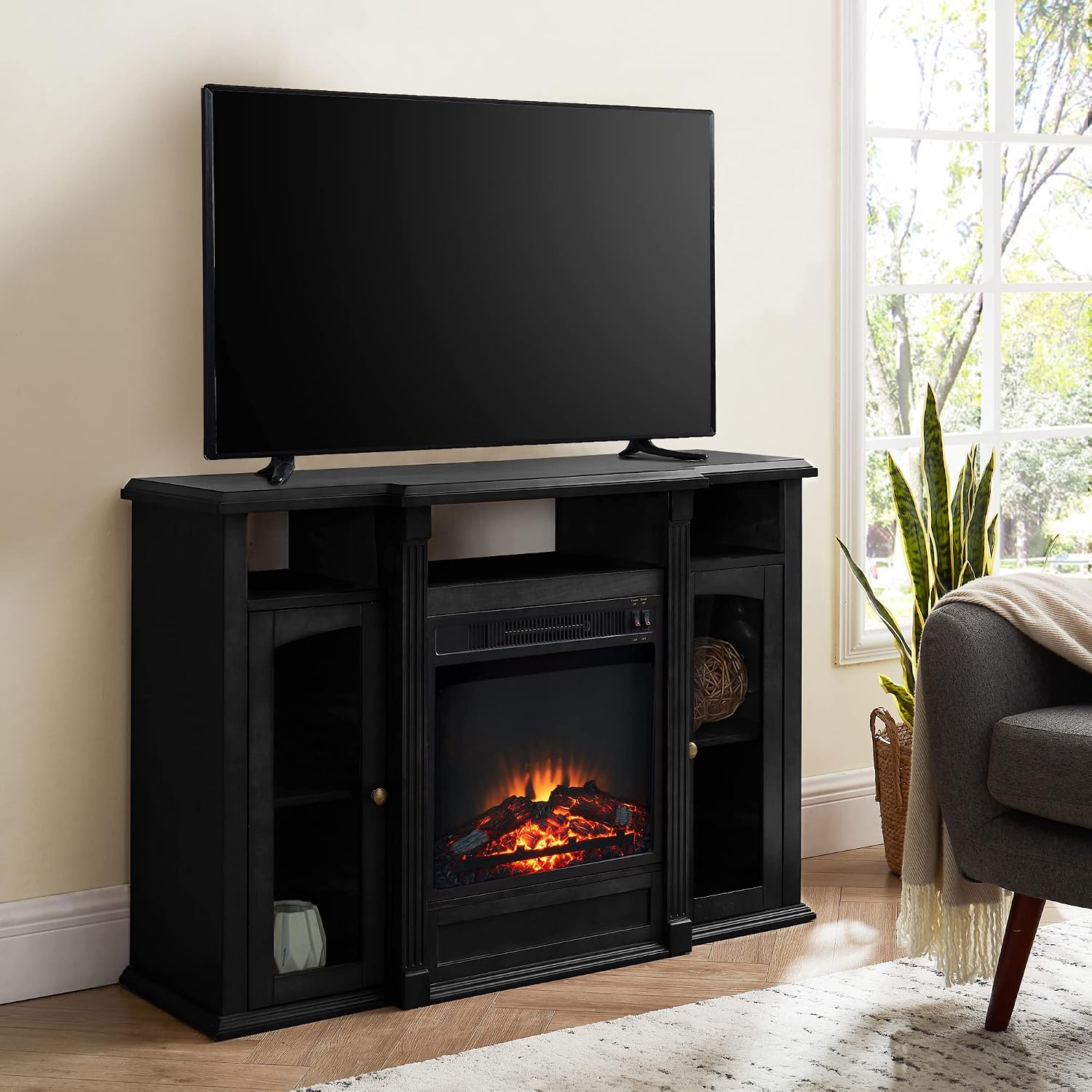 GOOD & GRACIOUS Modern Electric Fireplace TV Stand, Fit up to 55" Flat Screen TV with Two Tempered Glass Storage Cabinet and Adjustable Shelves Painting TV Console for Living Room, Black