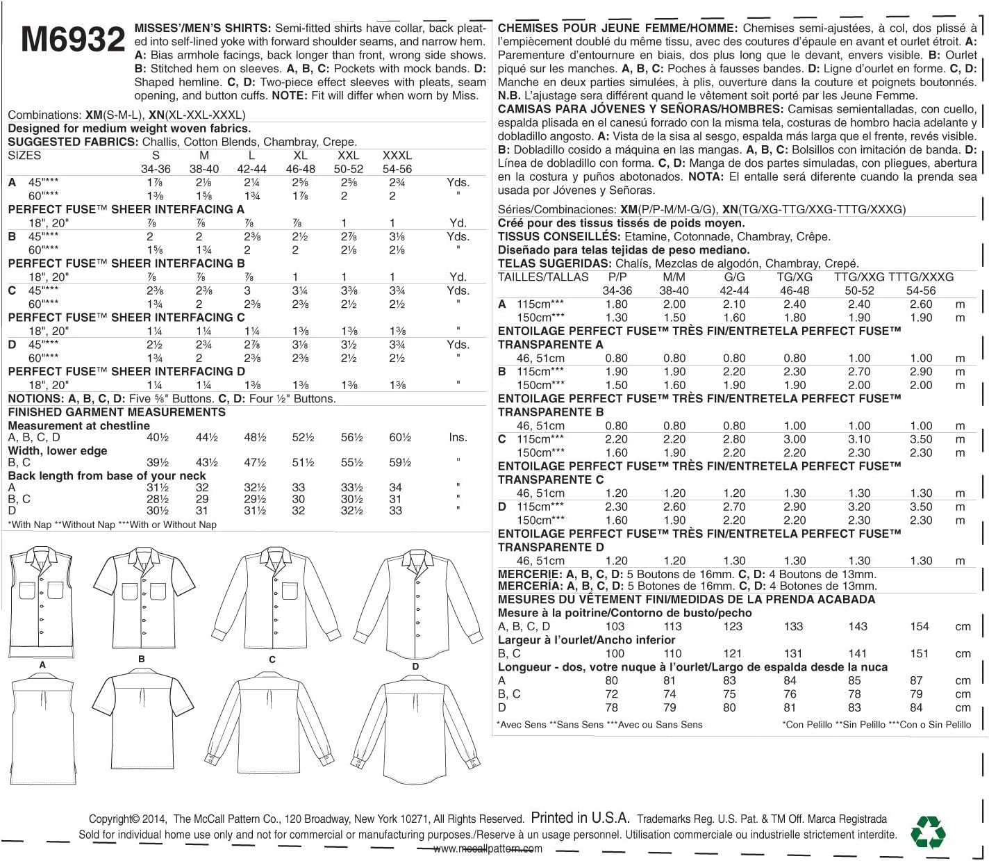 McCall Pattern Company M6932 Misses/Mens Shirts, Size XN