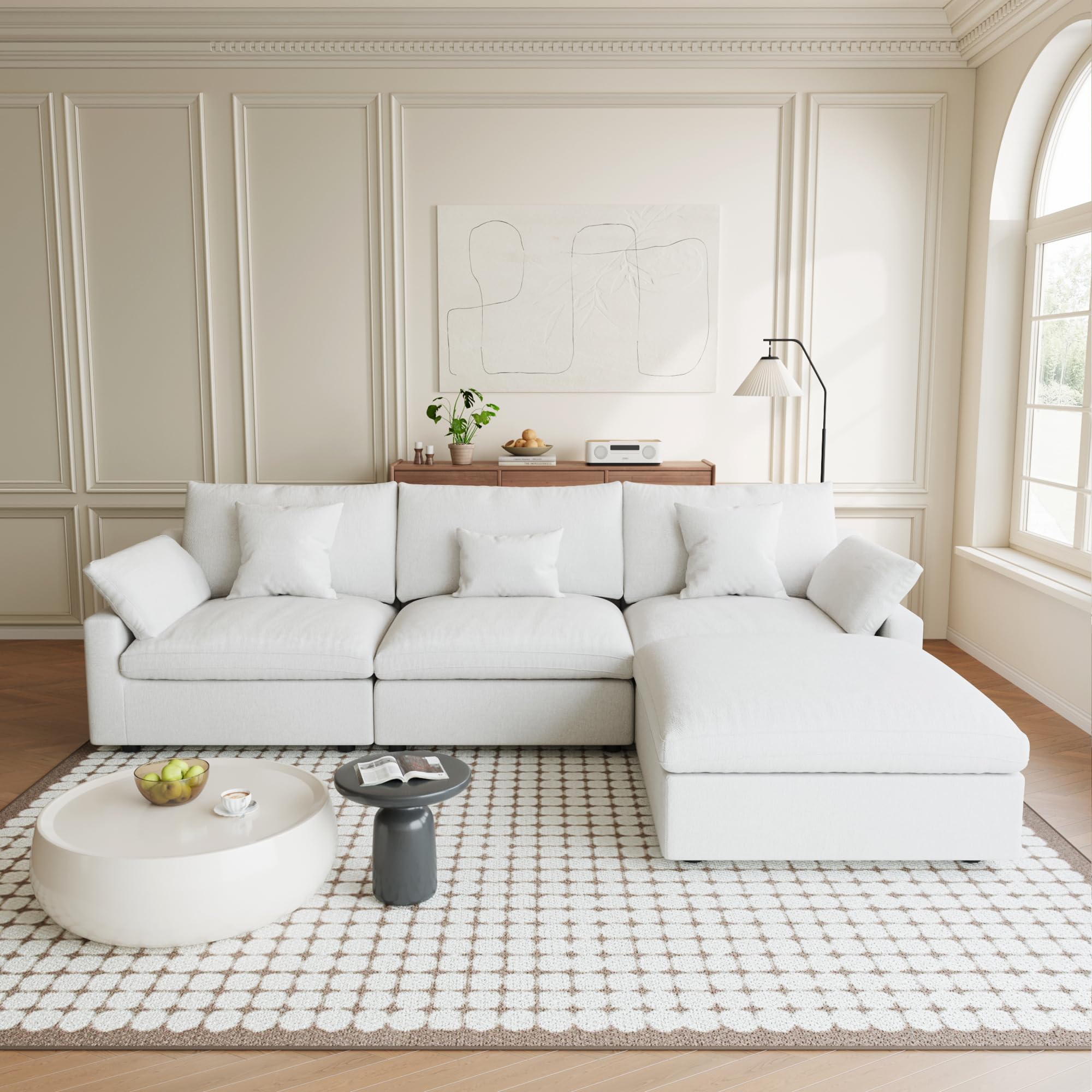 Sdorens Modular Sectional Sofa Cloud Couch, 119.29" L Shaped Couch with Chaise Ottoman, Linen Blend Fabric Minimalist Deep Seat Couches for Living