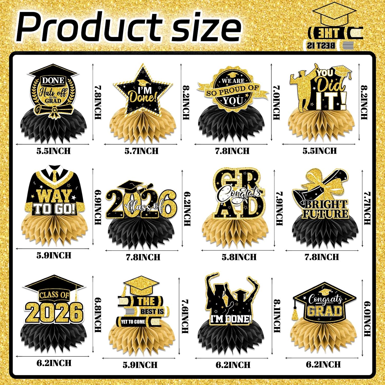 12Pcs Black and Gold Graduation Decorations Hoenycomb Centerpieces, 2026 Glitter Graduation Decorations Black and Gold Graduation Table Decorations Congrats Grad Class of 2026 Graduation Table Toppers