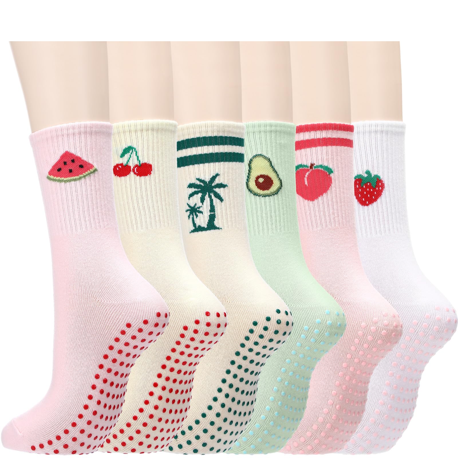 Cutecrop 6 Pairs Cute Pilates Socks with Grip for Women Gifts Fruit Pink Yoga Non Slip Cotton Barre Crew Socks for Christmas Workout Athletic Hospital