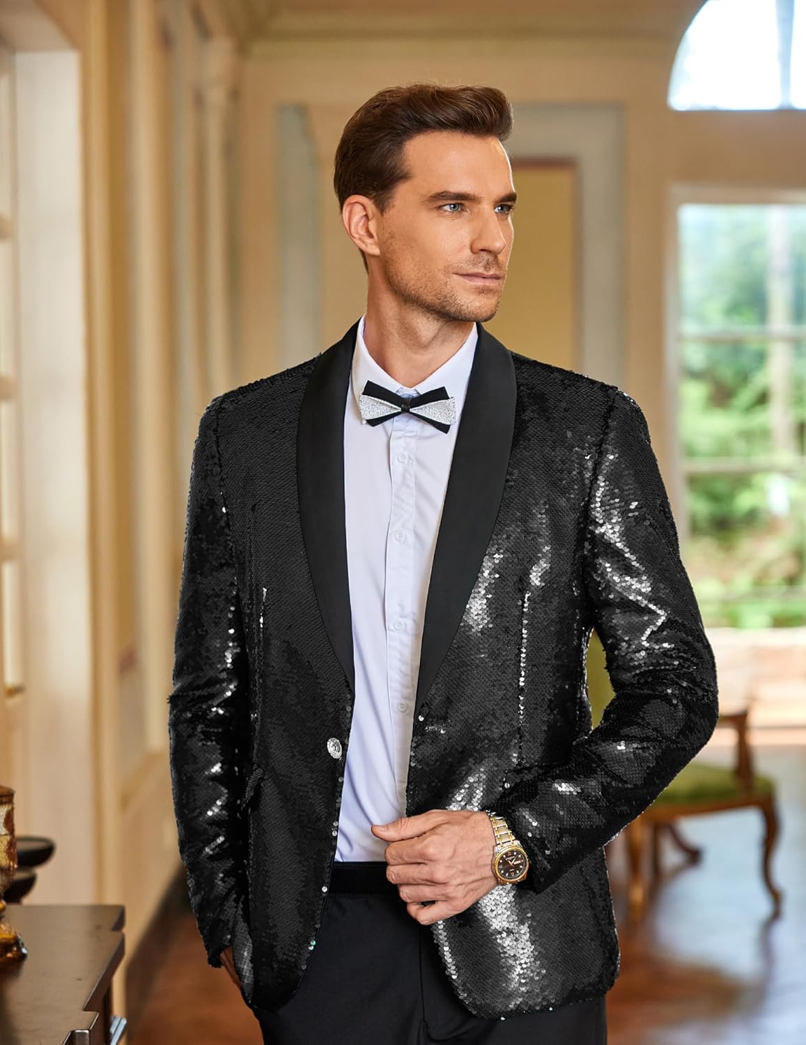 COOFANDY Mens Shiny Sequin Blazer Tuxedo Party Dinner Prom One Button Suit Jacket - Image 4