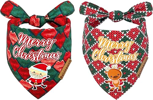 Raisingwell Bandanas navideñas para perros, paquete de 2 unidades, 4 patrones reversibles de invierno para perros Papá Noel y reno Forma única