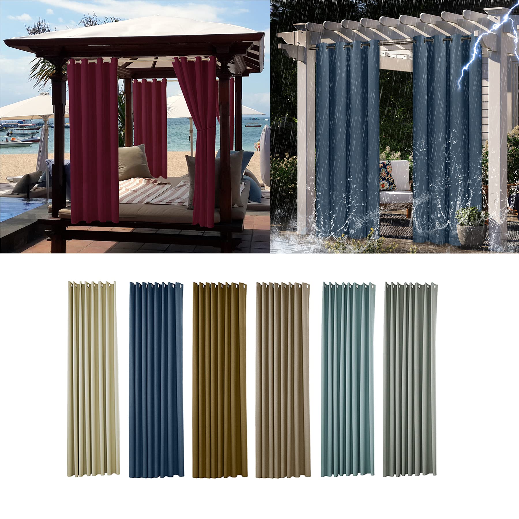Amcerd Outdoor Curtain, Waterproof, Weatherproof, Opaque, Blackout Curtains with Eyelets, Privacy Screen, Sun Protection, Outdoor Curtain for Balcony, Patio, Pergola, Garden Arbour, Porch