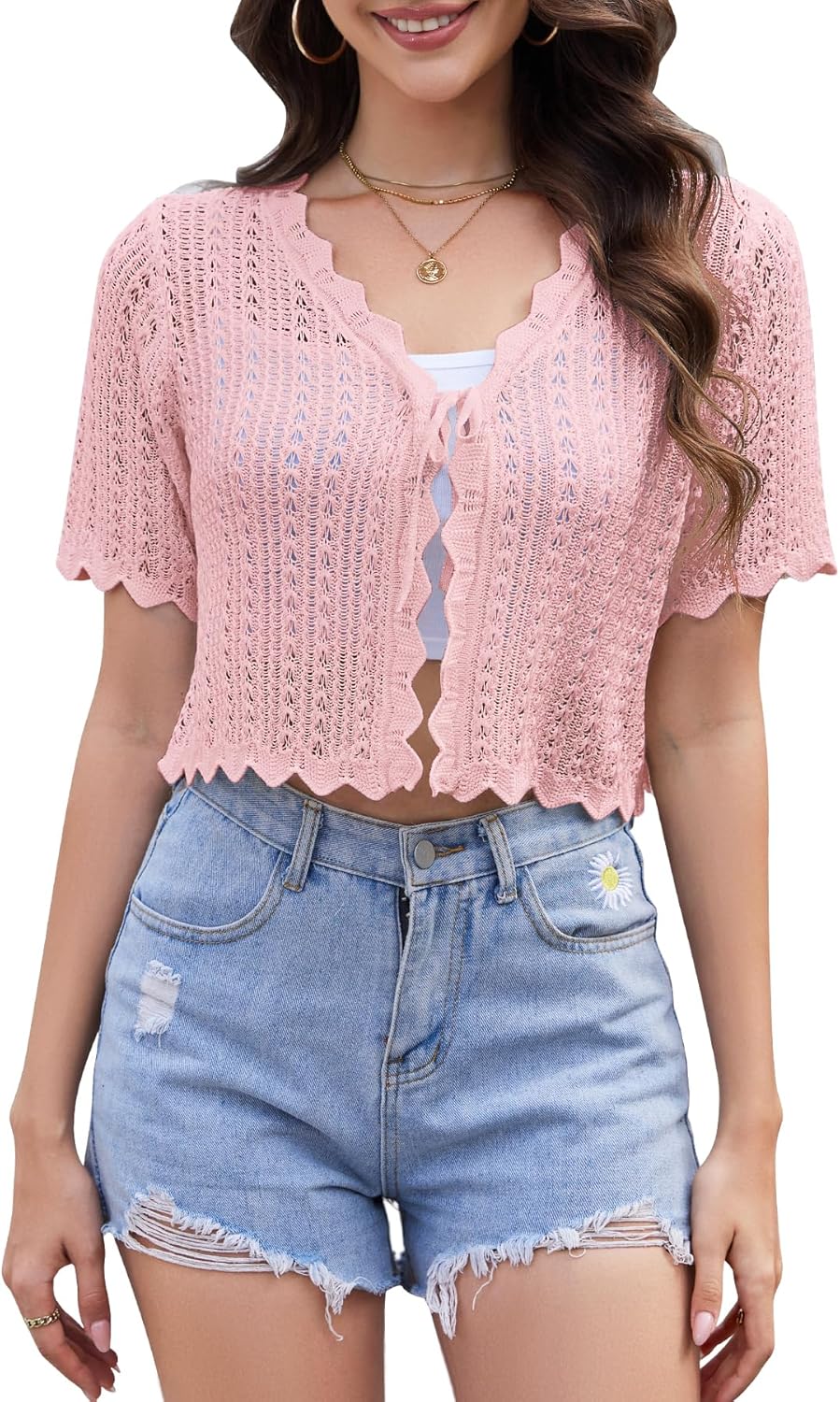 Womens Lightweight Short Sleeve V-Neck Cardigan Trendy Knit Hollowed-Out