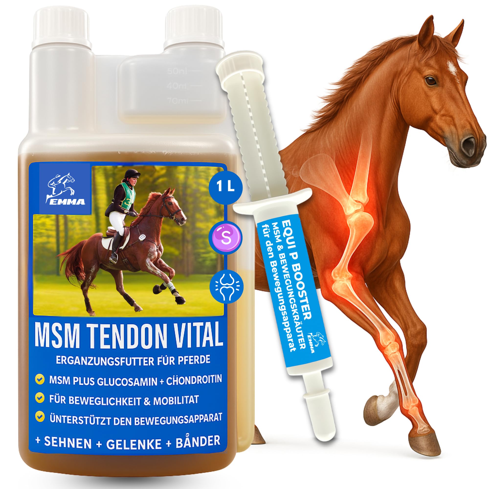 MSM Cheval & écorce de Saule Cheval I MSM Liquide Cheval I Equi P Pate Tendons ligaments I Collagène Cheval I MSM Nourriture Cheval Glucosamine chondroïtine - Articulations Souples + Vitamine 1l 30ml