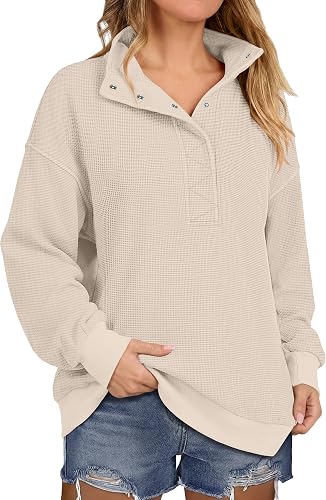 ANRABESS Waffle Knit Sweatshirt for Women Henley Pullover | Lightweight Comfy Soft, Long Sleeve Loose Fit, Stand Collar Half Button Tops, Casual Daily Wear & Preppy, Fall Spring Weather