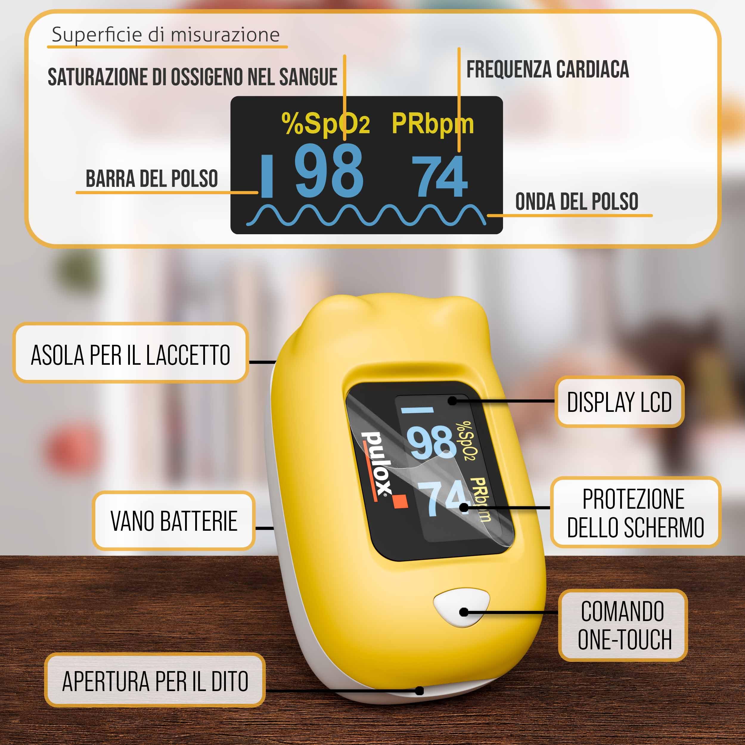 Pulox PO-230 Pulsiossimetro per bambini - In giallo con adesivi - Misurazione della saturazione di ossigeno e della frequenza cardiaca