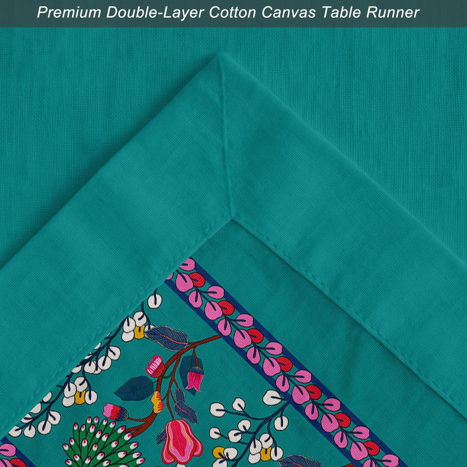 Decorative Table Runner - Double-Layered Cotton - 14 x 60 Inch with Elegant Border - Durable - for Rustic, Boho & Modern Décor - Floral