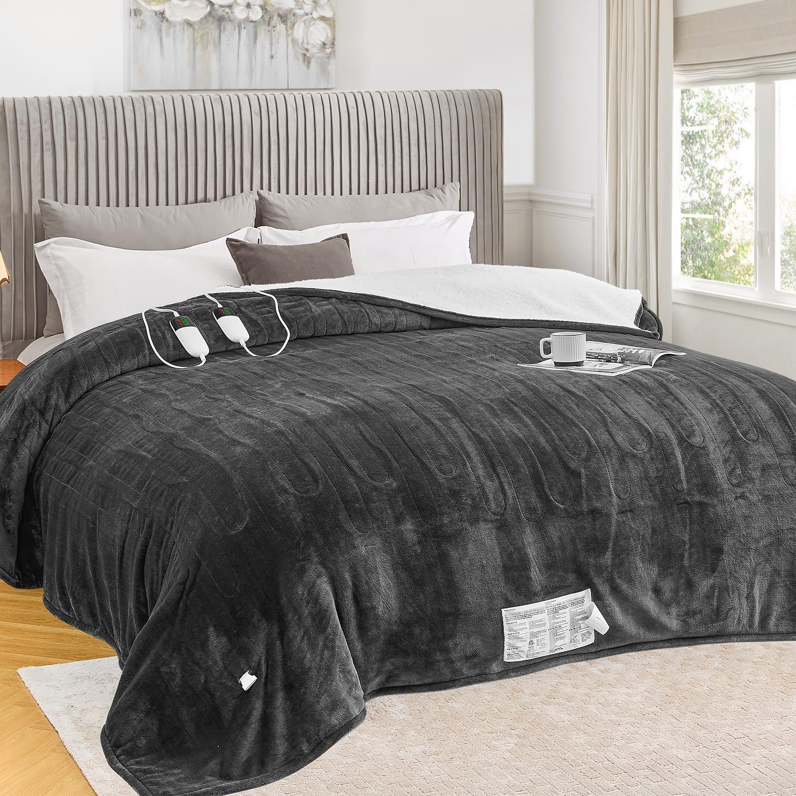 greenoak Heated Blanket Electric Queen Size 84"X90" Dual Control, Heating Blanket with 10 Heat Levels 1/2/4/6/8 Hours Auto-Off Overheat Protection, Soft Sherpa Warm, ETL Certified Deep Grey