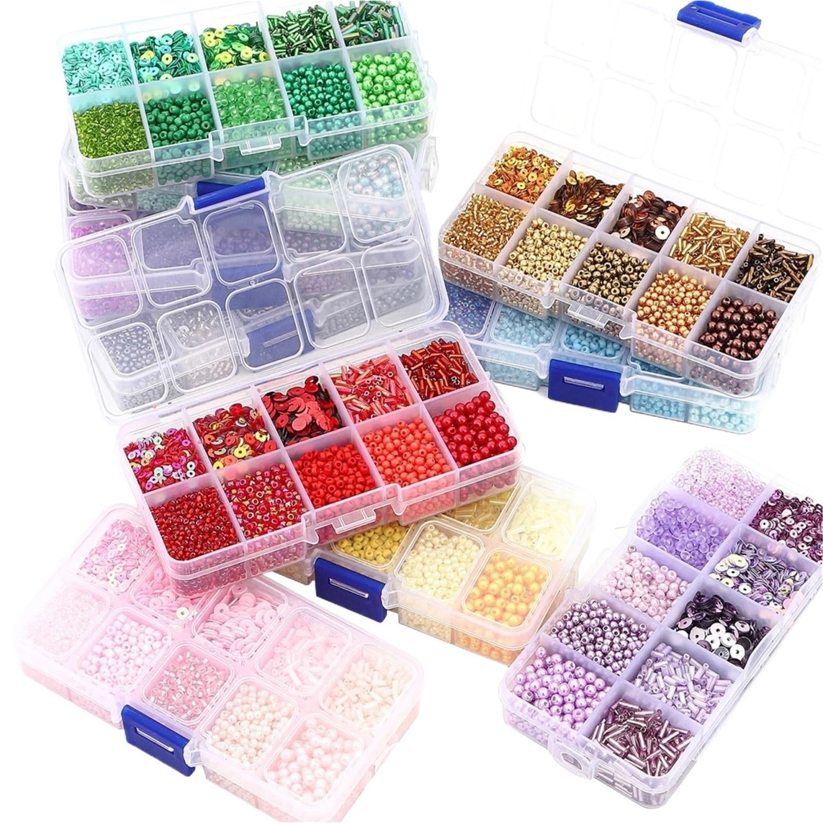 Perles de rocaille en verre dépoli en boîte 10 compartiments pour paillettes et mercerie