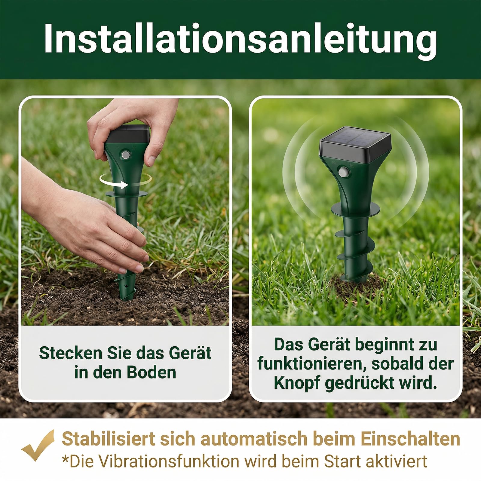 Maulwurf Vertreiber,Ultraschall Wühlmaus Vertreiben mit KI-Wechselfrequenz, IP65 Wasserdicht Maulwurfschreck für Garten und Rasen, Wühlmausschreck & Marderschreck Mole Repellent Outdoor Ultrasonic