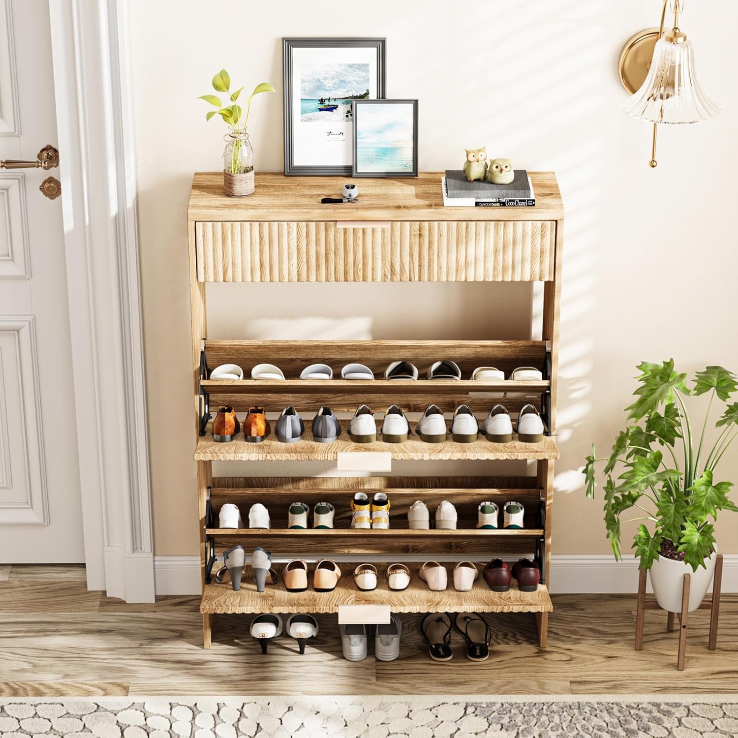 Fluted Shoe Cabinet Storage with 2 Flip Drawers & 1 Drawers, Wood Narrow Hidden Shoe Cabinet with Adjustable Shelf for Entryway, Freestanding Slim Shoe Rack Organizer for Foyer Hallway Living Room