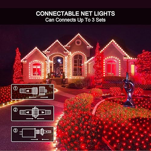 Miniatura 5 de JMEXSUSS 200 luces LED rojas de red de Navidad, 9.8 pies x 6.6 pies, luces de arbusto de Navidad conectables con control remoto, 8 modos de enchufe,