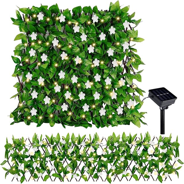 Expandable Fence Privacy Screen 30x180CM Expanding Trellis Fence with Solar Light, Artificial Leaf Fencing Panel Ivy Flower Decorative Privacy Fence Screens for Home Garden Wedding Outdoor Decor