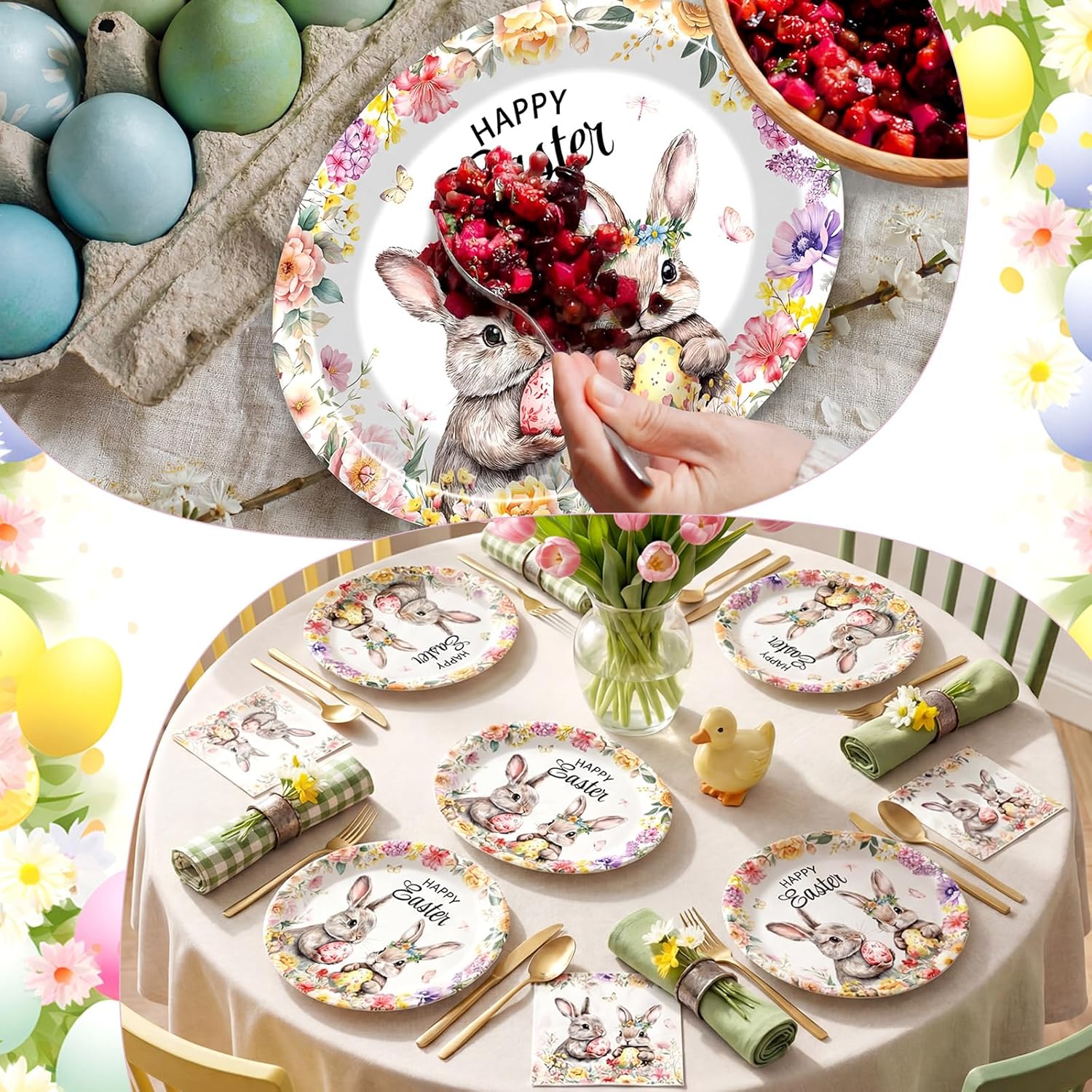 Mimorou 100 Pcs Happy Easter Oval Paper Plates and Napkins-serves 50, 11'' Large Disposable Bunny Platter Party Decorations Elegant Rabbits Flower Plates Dinnerware for Spring Easter Party Supplies