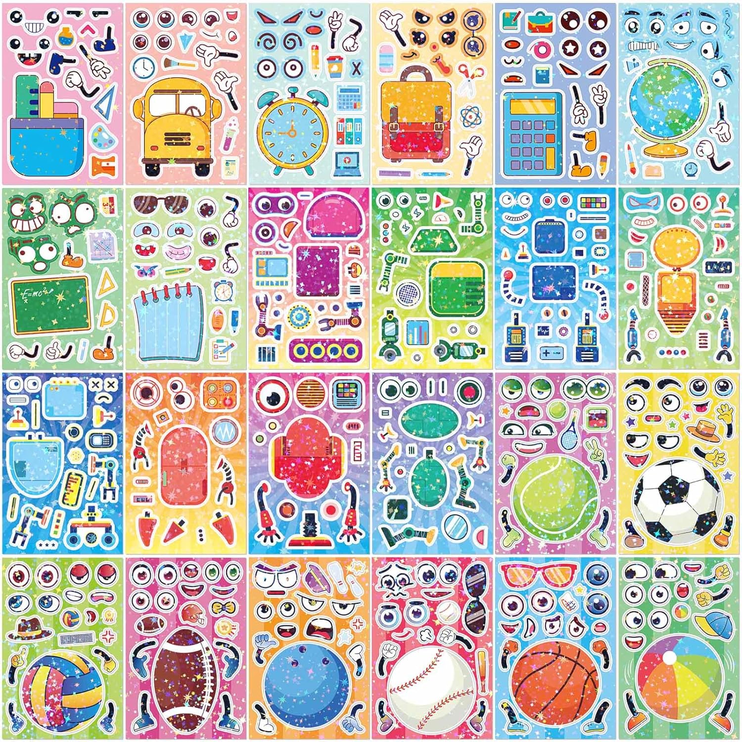 iGetooy 24 Sheets Make a face Stickers for Kids, Make Your Own Sticker Sheets with Stationery, Ball, Robot, Crafts Party Favors Goodie Bags Stuffers for Kids