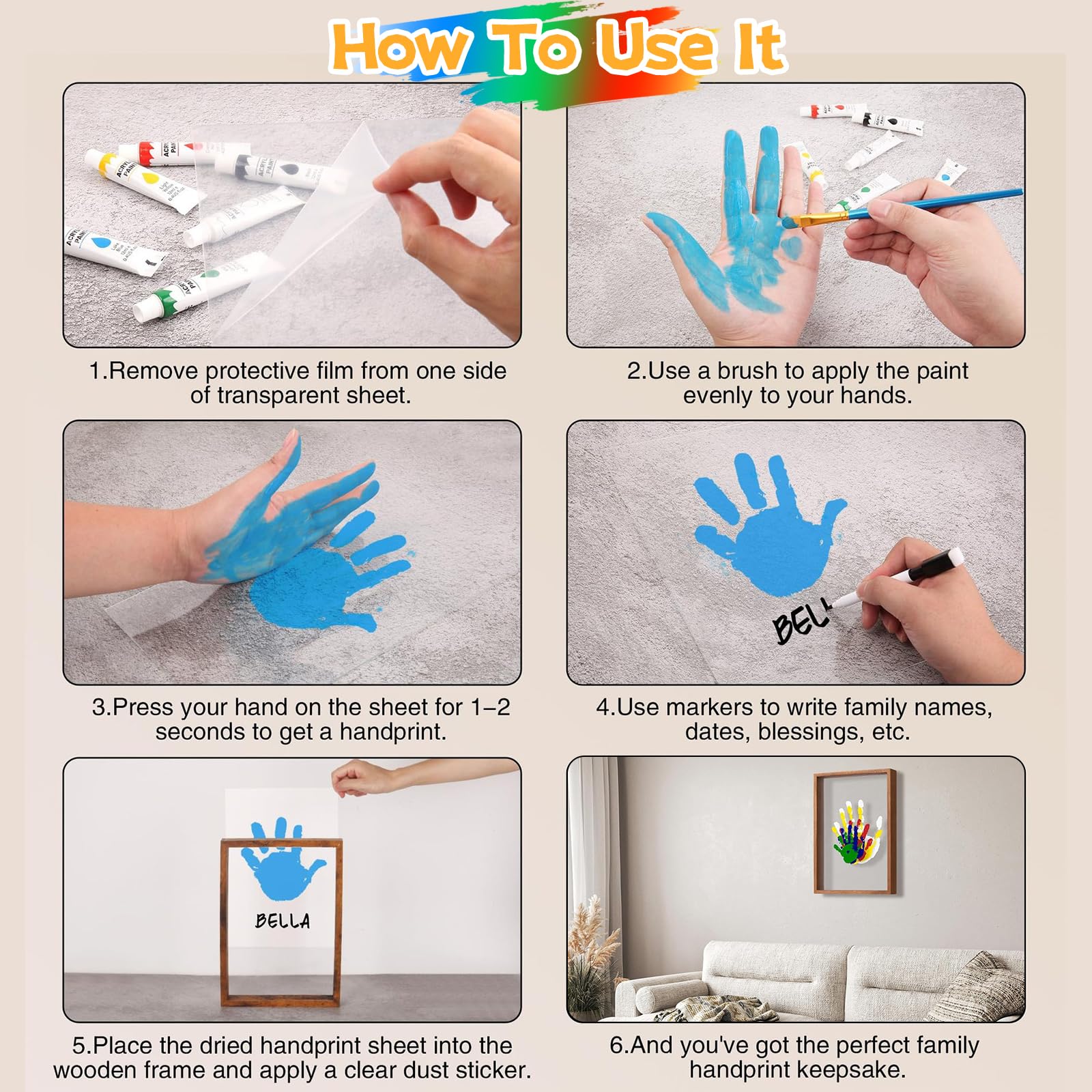 Kit Empreintes Famille, Grand Cadre en Bois 31 x 22,4 cm, Kit Empreintes Bébé Mains & Pieds, Peintures Non Toxiques, Cadeau Naissance pour Garçon & Fille