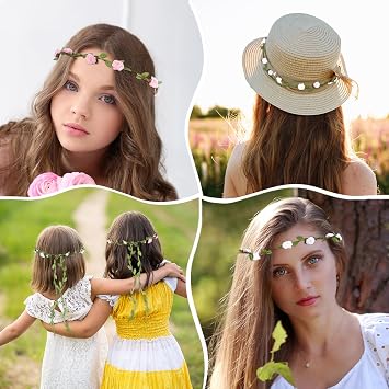 Andibro Flowers Crown Floral Garland,2pcs Headband Rose Flower Wreath Handmade Bohemian Style Headdress for Fun Day Out Bridal Headwear Party Festivals Hair Accessories (White+Pink)