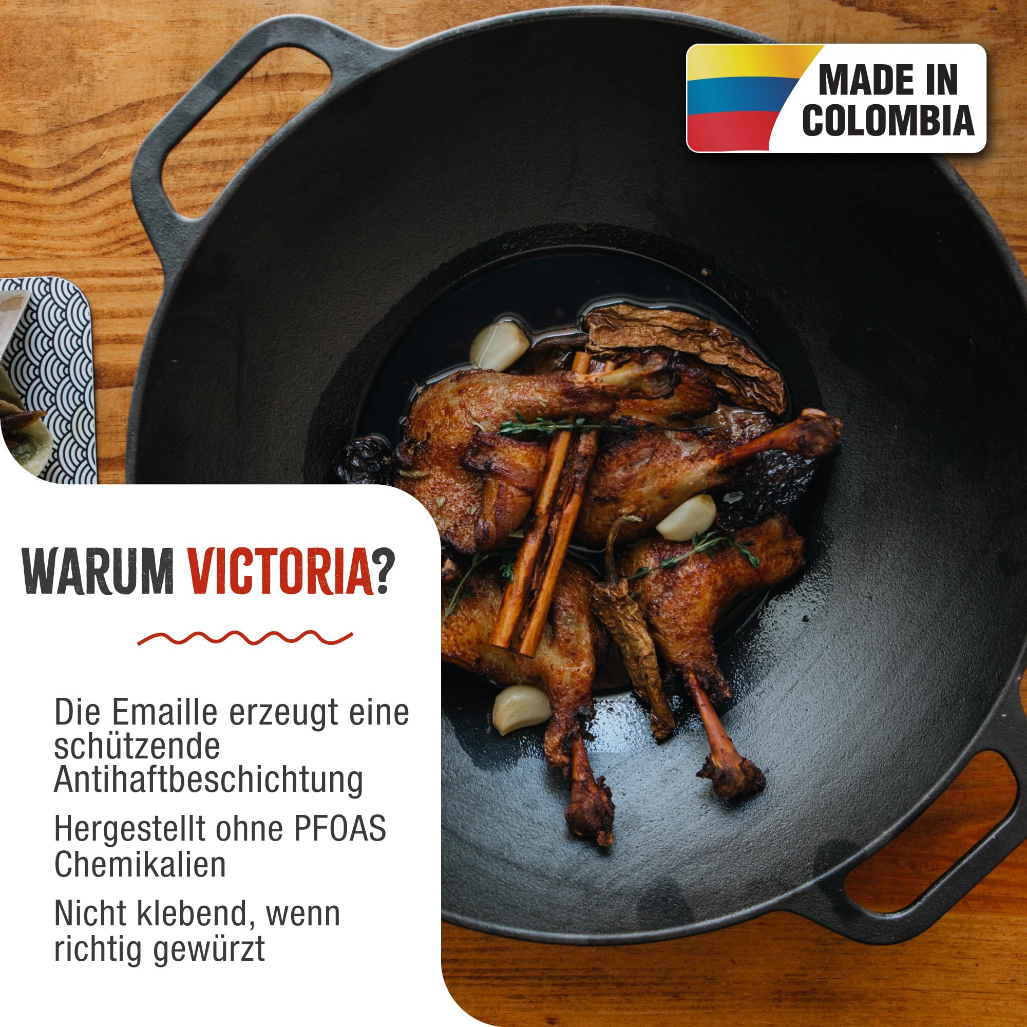 Victoria Emaillierte Gusseisen Wok Pfanne Induction 35,5cm Bratpfanne Geeignet für Feuer, Grill, Backofen, Ceranfeld, Gas, Cast Iron Skillet, Toxic Free Kochgeschirr ohne PTFE oder PFOA