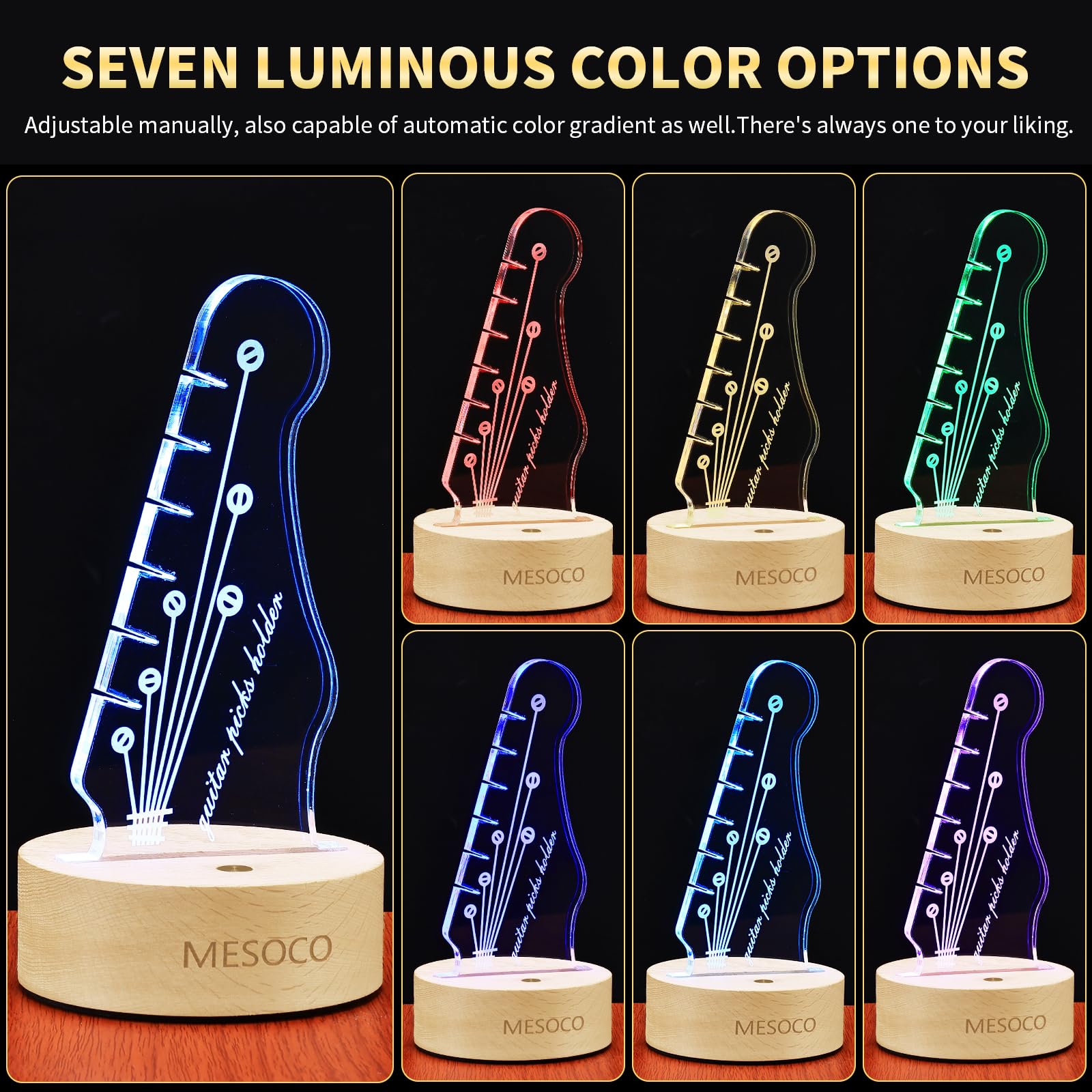MESOCO Light Up Guitar Pick Holder, Unique Electric Guitar Headstock with 7 Color-Changing LEDs, USB Powered Organizer (Holds 6 Picks) - Ideal Gift for Guitarists