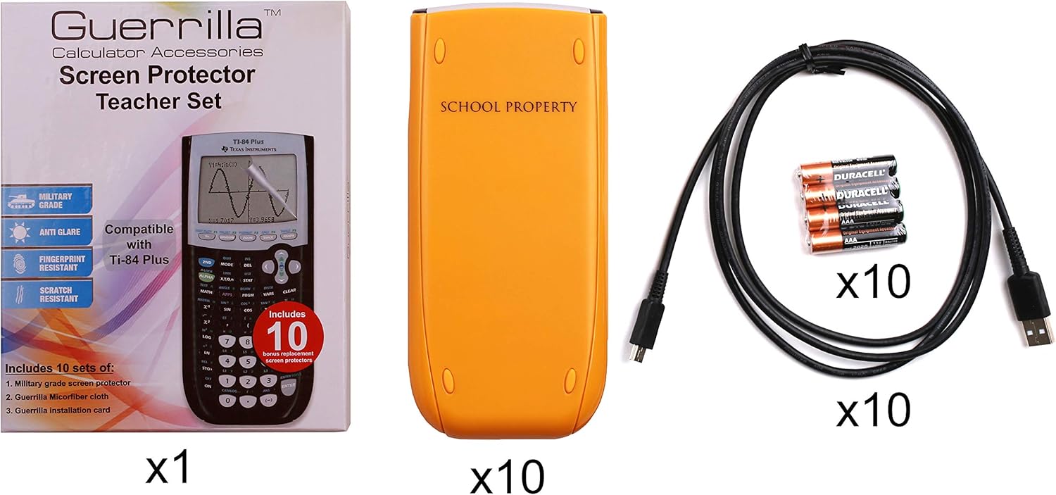 TI-84 Plus Graphing Calculator Teacher Set Pack (10 Calculators) + Guerrilla Teacher Set of Screen Protectors