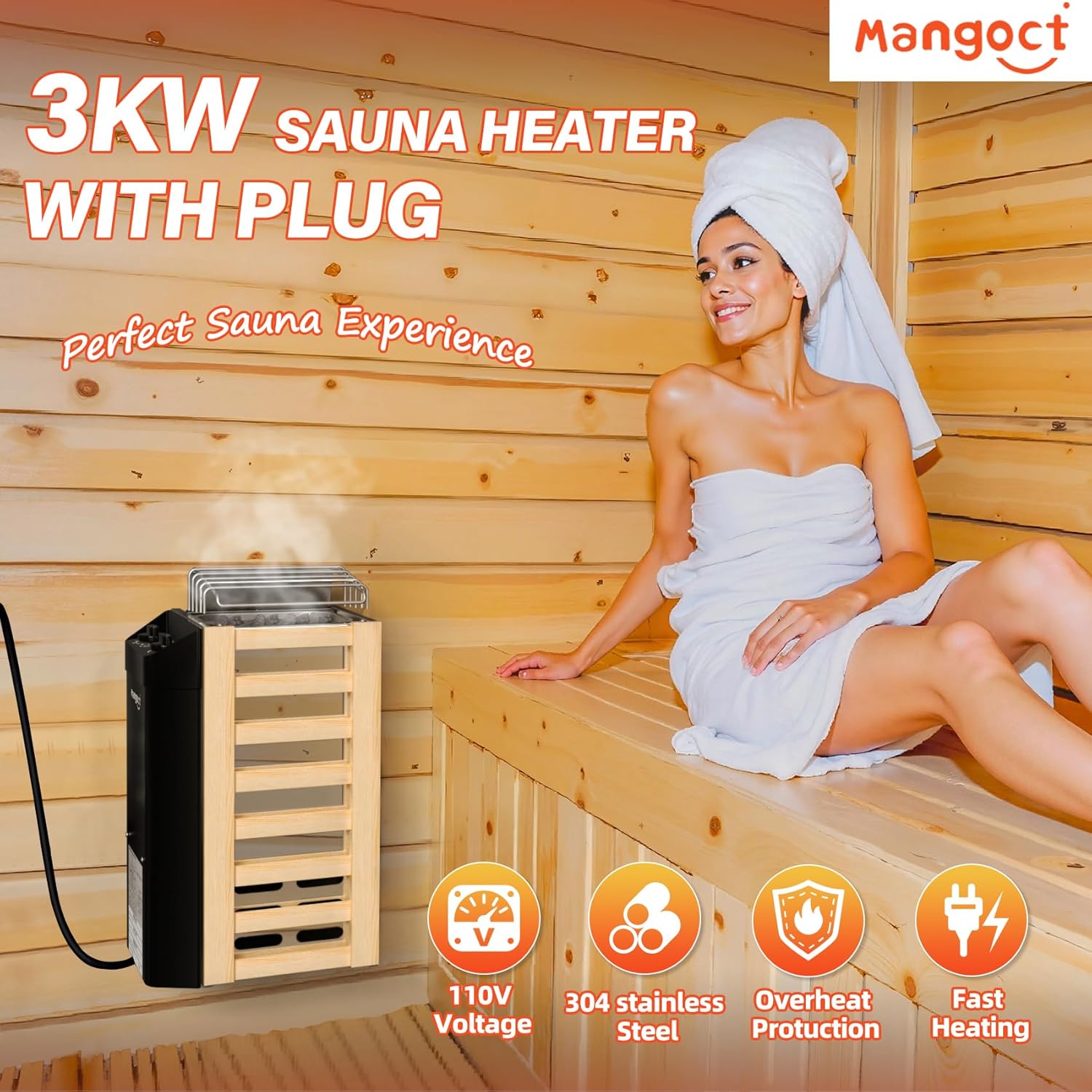 3KW 110V Sauna Heater with Plug in, Electric Sauna Heater, 3h Timer for Small Rooms (140 Cu.Ft.), Max. 230°F Fast Heating, No Wiring Needed