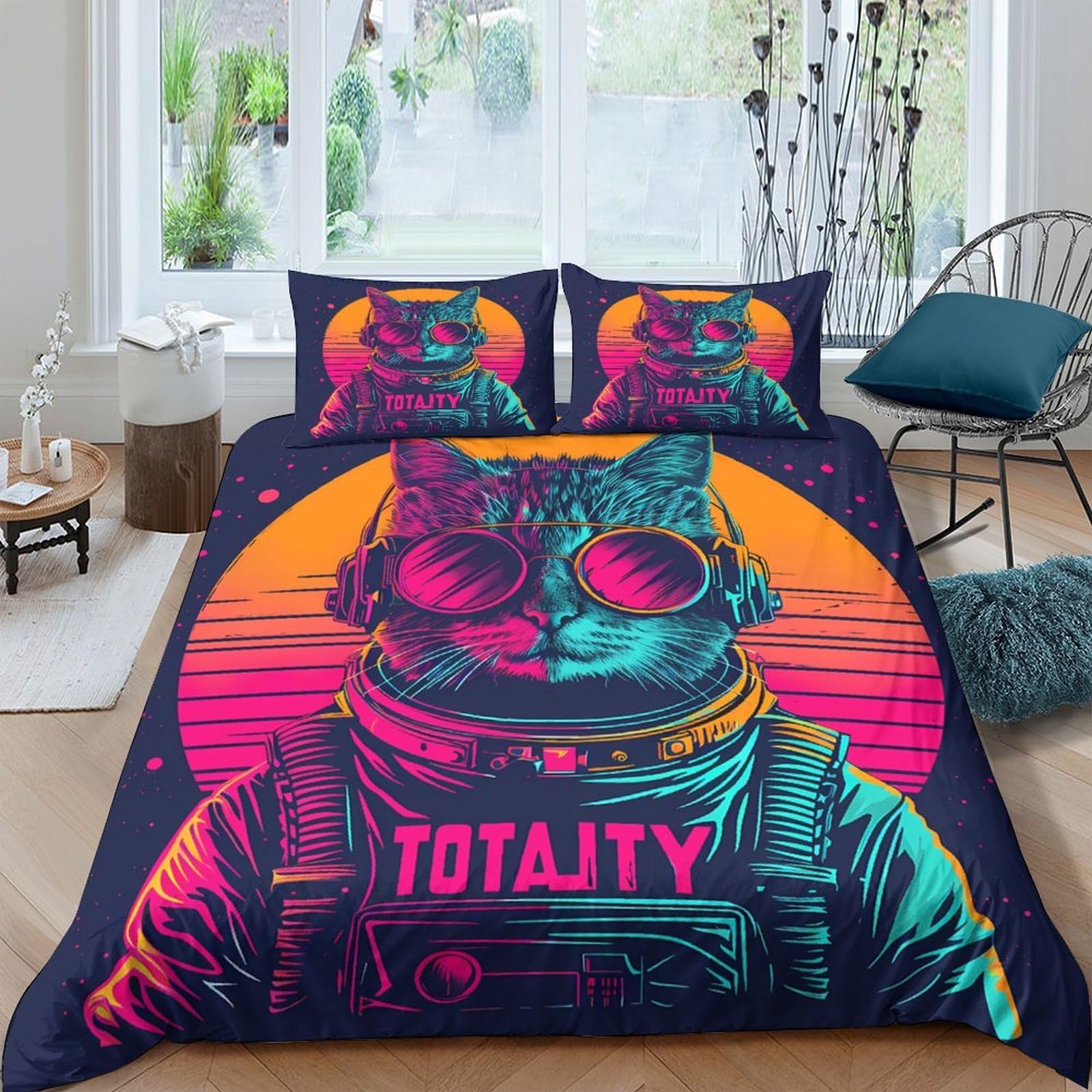 Ctjqhvkz Style-7 3D Printed Neon Astronaut Cat Fitted Sheet Microfiber Soft Anti-Slip Mattress Cover For Bedroom Dorm Decor Single（135X200cm）