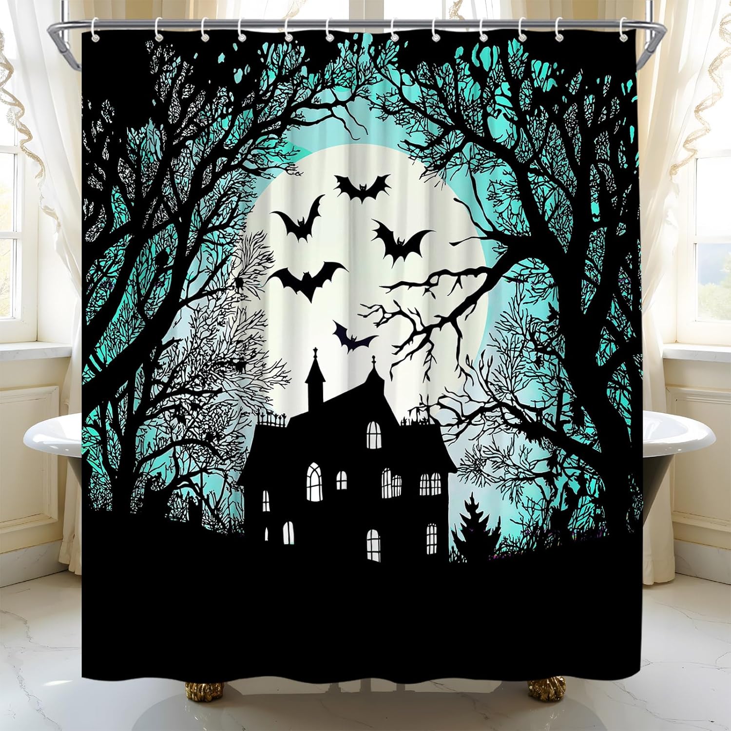 Spooky Halloween Shower Curtain Scary Bat Castle Dead Tree Full Moon Blue Gothic Mysterious Horror Home Fabric Bathroom Decor Set Include Hooks,(70" Wx74.8 H)