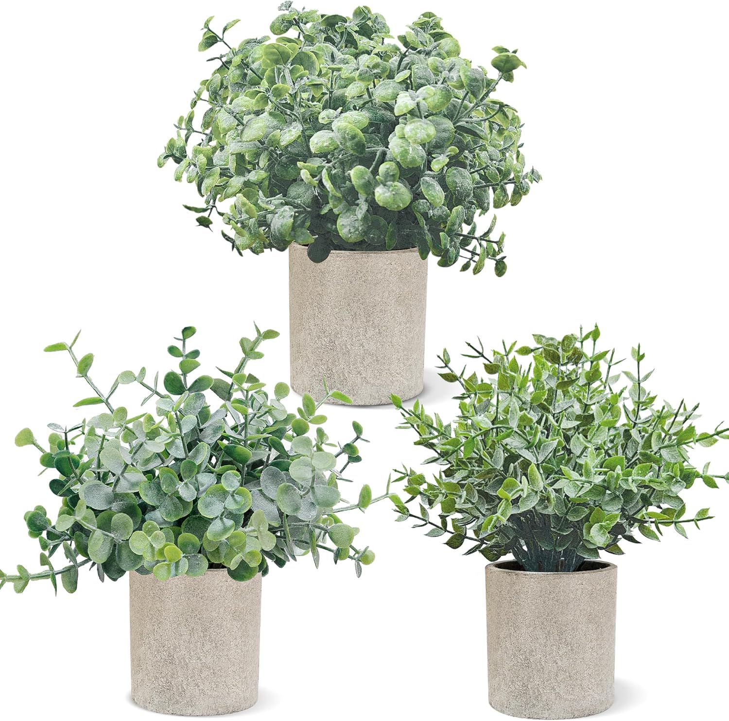 USLAI 3 Pack Fake Plants, 8-Inch Small Potted Eucalyptus Artificial Plants for Home Office Room Shelf Desk Decor