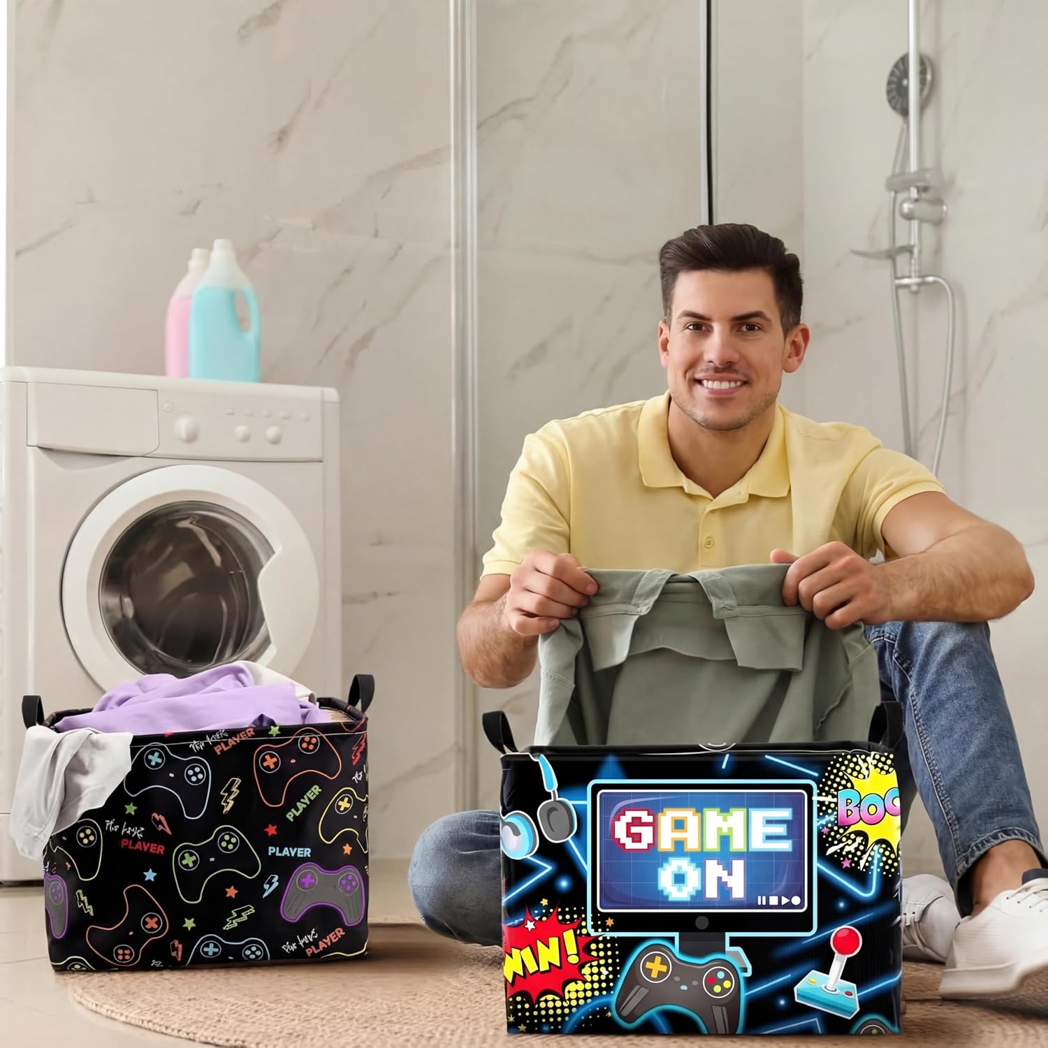 Weysat 2 Pcs Gaming Basket for Boys Gamer Laundry Hamper Video Game Basket Bins with Handles Rectangle Foldable Waterproof Clothes Toys Storage Organizer for Gamer Gift Room Decor