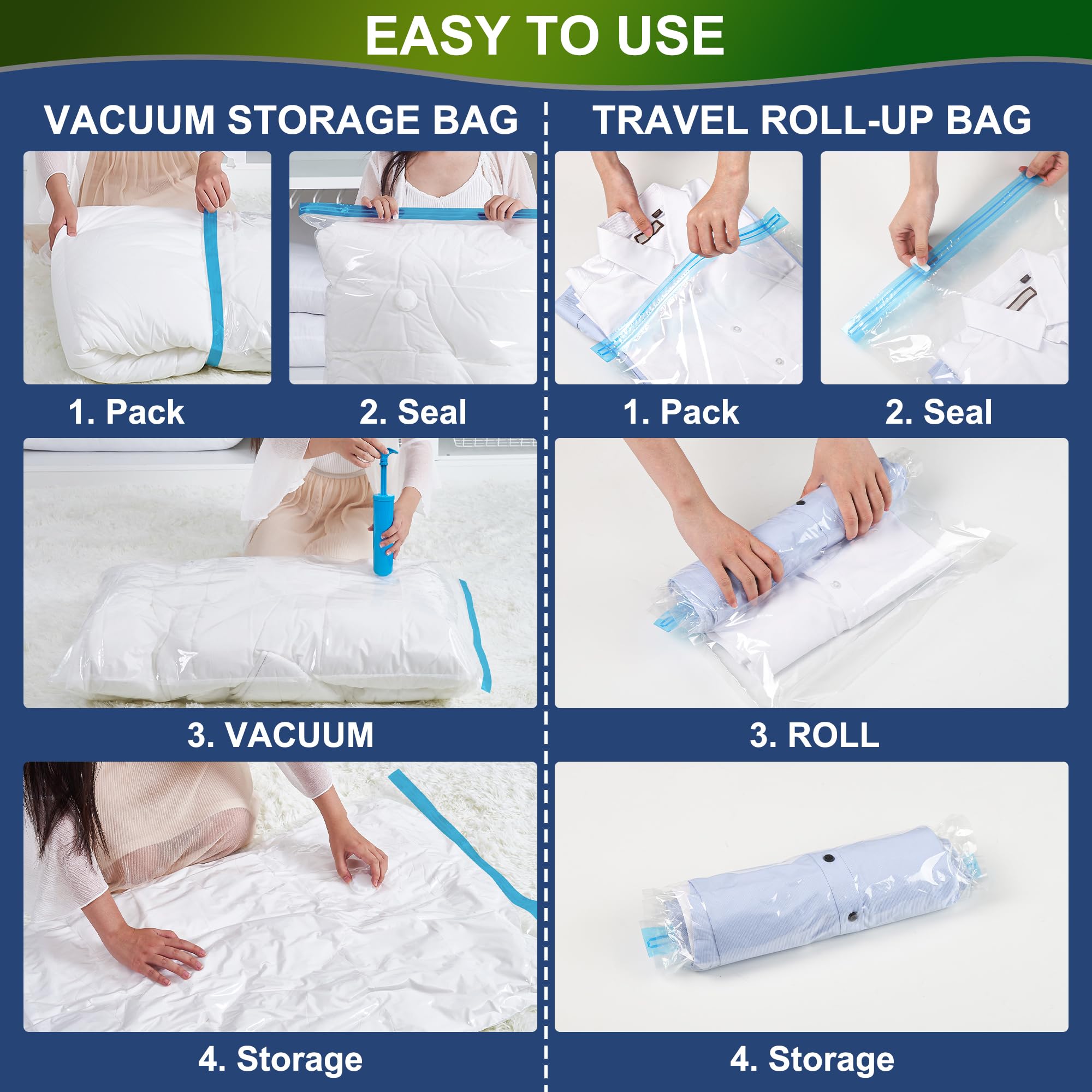 Oumaru Vacuum Storage Bags for Clothes Vacuum Bags, Space Saver Bags for Clothes Duvets and Pillows, Hand Pump Included, 10 Combos - Image 4