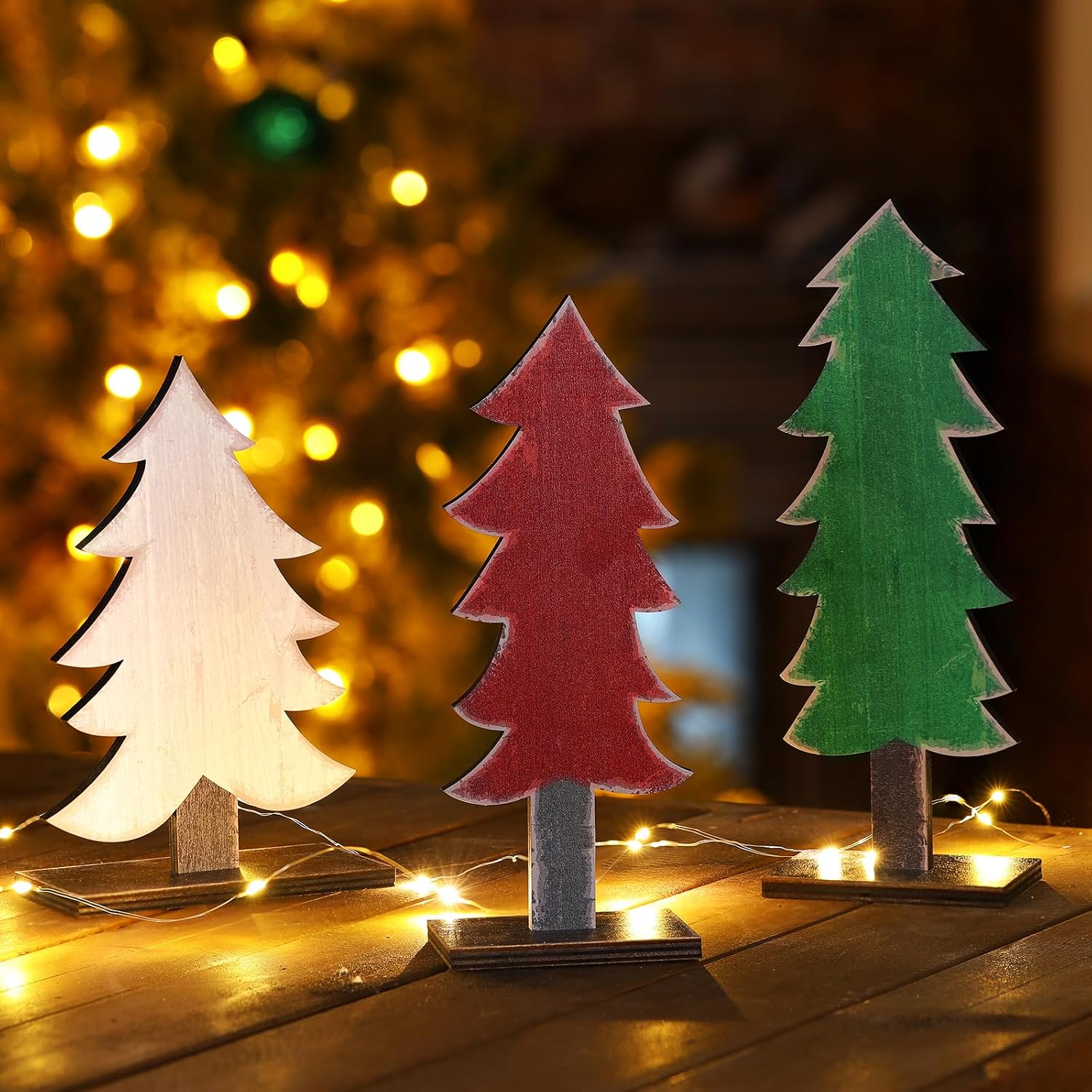 Meooeck 3 Pcs Green White Red Wood Christmas Trees Tabletop Rustic Christmas Decor Farmhouse Centerpieces Decorations for Tables with Rectangular Base for Home