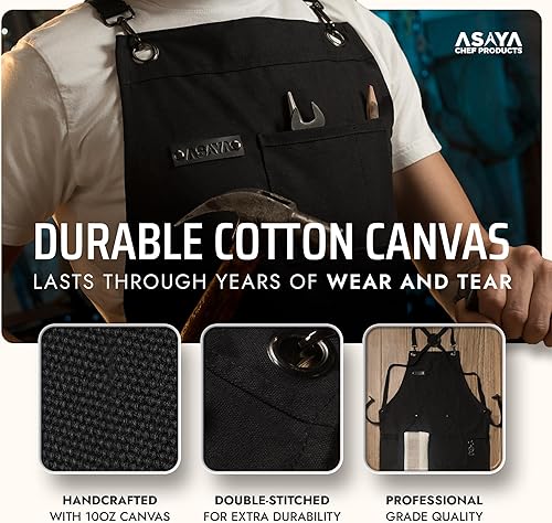 Miniatura 87 de Asaya - Delantal de chef para hombres y mujeres más toalla de mano y abrebotellas, de lona de 10 onzas Rojo,Negro,Azul,Azul-Verde,Borgoña,Verde
