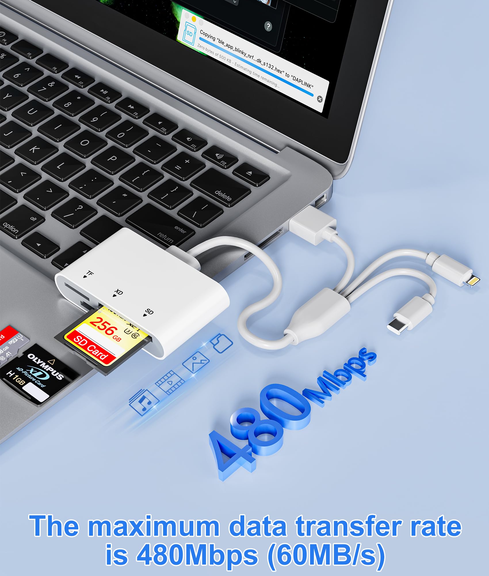 Czytnik kart SD do iPhone'a z USB-C i Lightning - 3 w 1 SD MicroSD xD-Picture Card Reader, kompatybilny z iPhone 16/15/14, iPad, MacBook, Android, aparat i PC