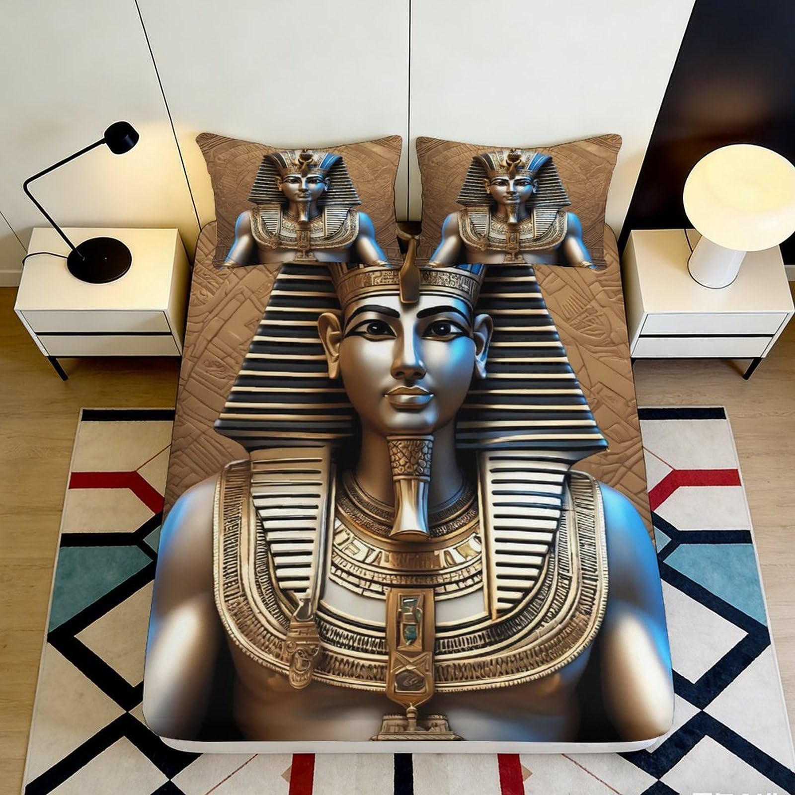 Tjiqhvmrn Style-10 3D Printed Egyptian Pharaoh Fitted Sheet Microfiber Deep Pocket Bedroom Bedding Egyptian Style Mattress Fitted Cover Non-Slip Washable For Home 90X200x25cm