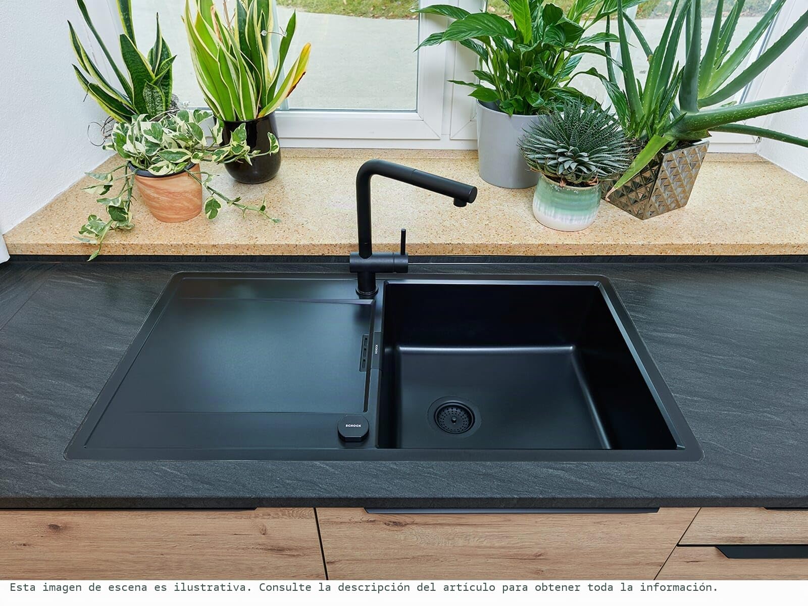 SCHOCK Grifo de cocina Epos Nero I negro de alta presión con alcachofa extensible, giratorio 360°, grifo para fregadero de cocina, diseño moderno, ahorro de agua, monomando de latón